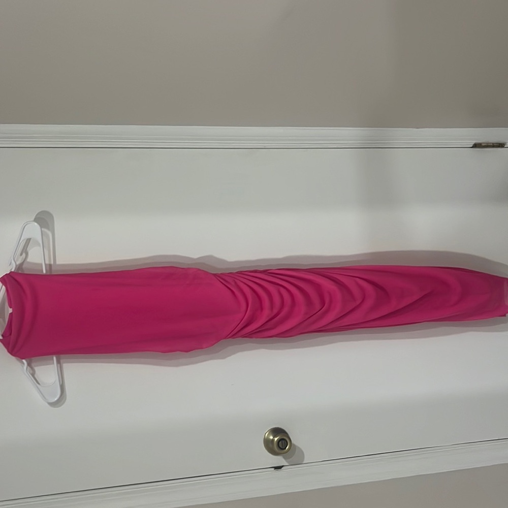 Low back hot pink maxi dress body con cowl neck